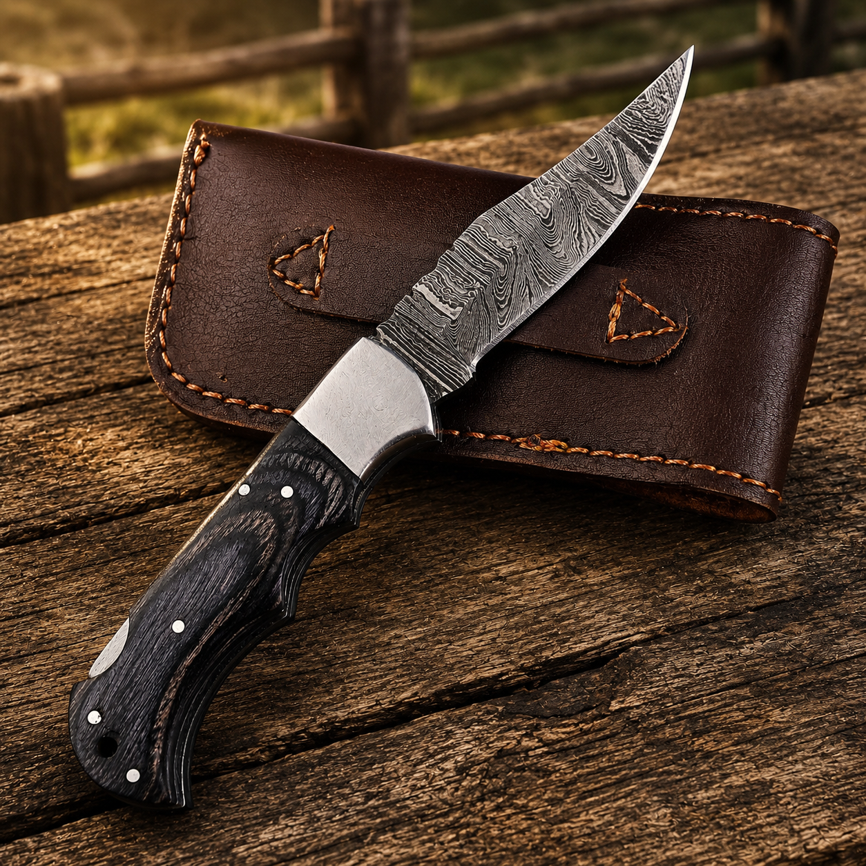 Artisan Folding Damascus Steel Pocket Knife – Black Pukka Wood Handle | Steel Bolster | Classic Back Lock