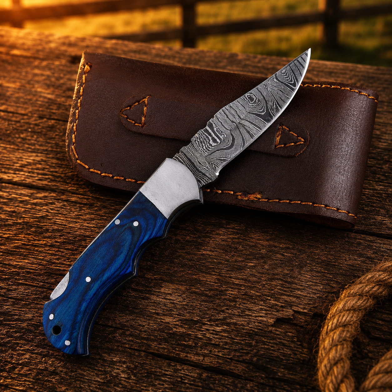 Artisan Folding Damascus Steel Pocket Knife – Blue Pukka Wood Handle | Steel Bolster | Classic Back Lock
