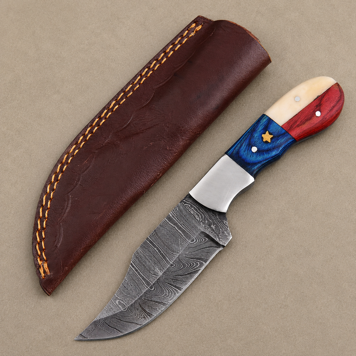 Damascus Steel Fixed Blade Knife with Texas Flag Color Bone & Pakka Wood Handle, Genuine Leather Sheath