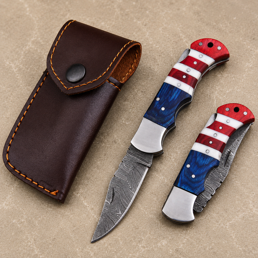 Artisan Folding Damascus Steel Pocket Knife – Blue & Red  Pakka Wood & Ivory Bone Handle, Steel Bolster & Classic Back Lock