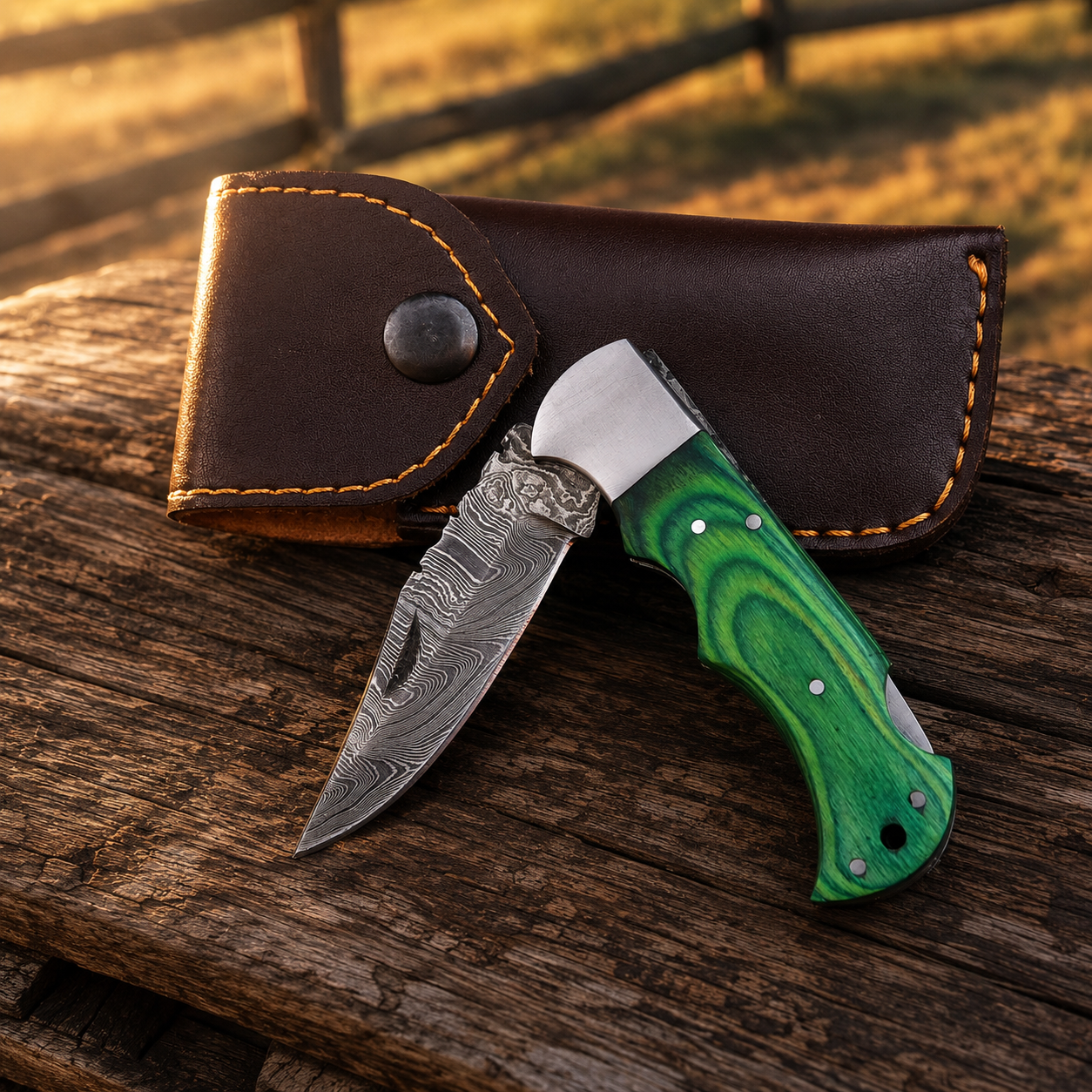 Artisan Folding Damascus Steel Knife – Premium Wood Handle | Steel Bolster |Green Handle| Classic Lock back