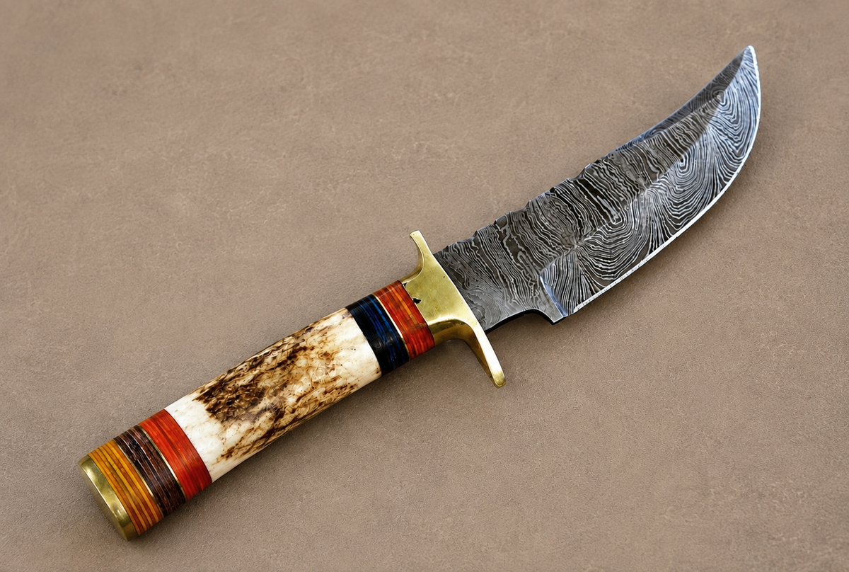 Hand Forged Damascus Steel Outdoor Knife with Stag Handle & Brass Guard – 512 Layers Knife