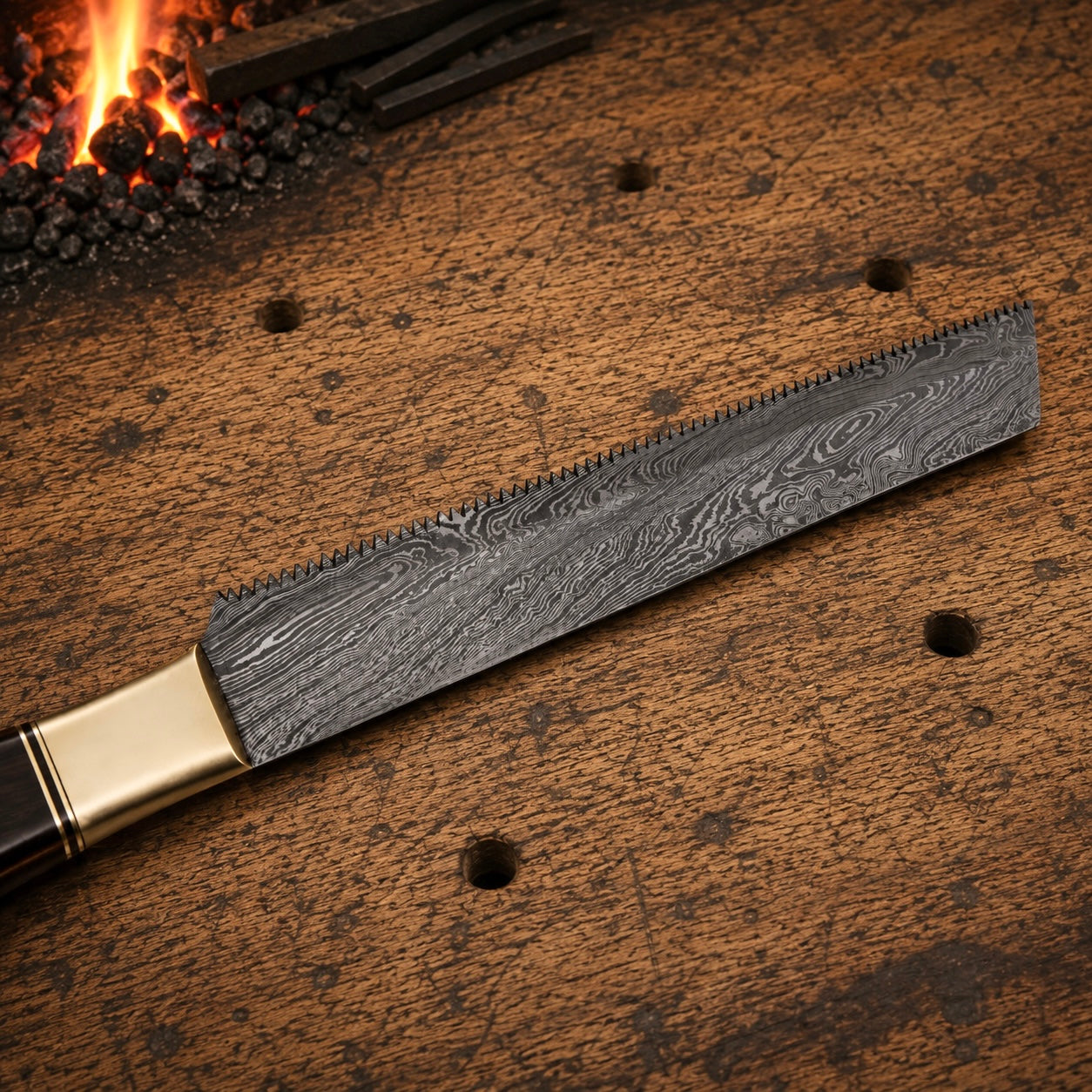 12" Hand Forged Damascus Steel Bread Knife with Wood & Brass Handle – 512 Layers Professional Kitchen Knife