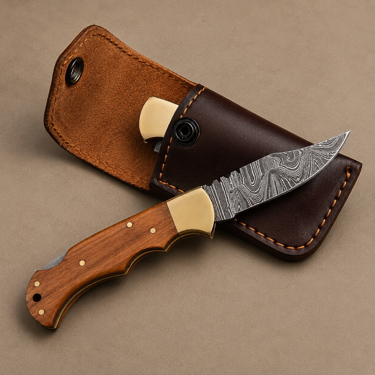 Olive Crest Damascus Folding Knife – Hand Forged Steel, Olive Wood Handle & Leather Sheath
