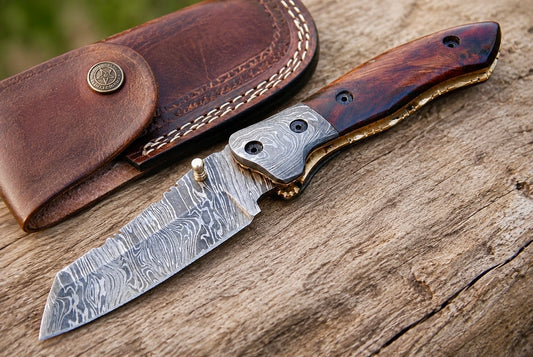 Custom Handmade 512-Layer Damascus Steel Folding Pocket Knife with Olive Wood & Damascus Bolster Handle – Leather Sheath