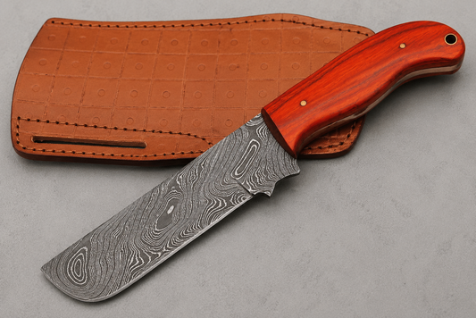 Heritage Damascus Steel Knife – 512 Layer Hand Forged Blade with Pakka Wood Handle & Leather Sheath