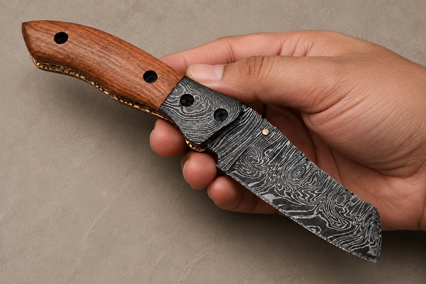 Handmade 512-Layer Damascus Steel Folding Utility Knife with Olive Wood Handle & Leather Sheath