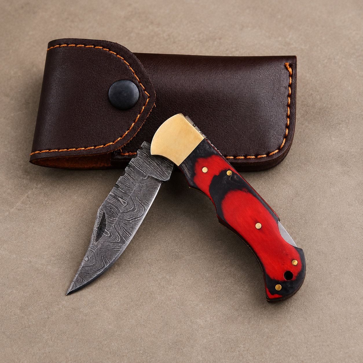 Artisan Folding Knife – Red Pakka Wood Handle, Brass Bolsters, Back Lock & Leather Sheath