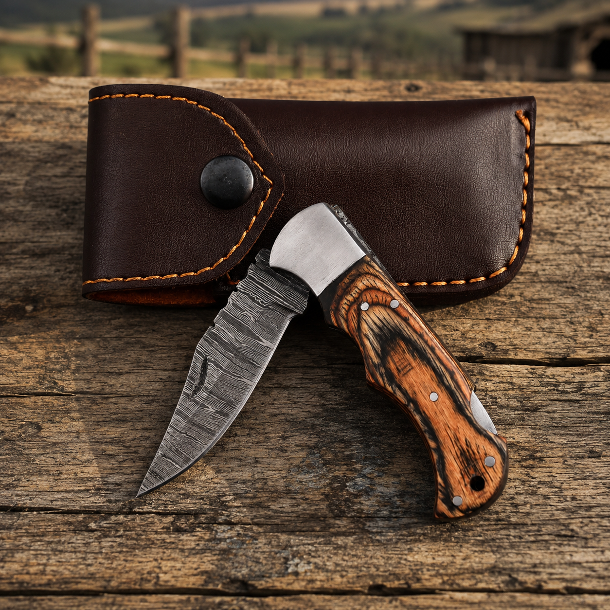 Artisan Folding Damascus Steel Pocket Knife – Brown Pukka Wood Handle | Steel Bolster | Classic Back Lock