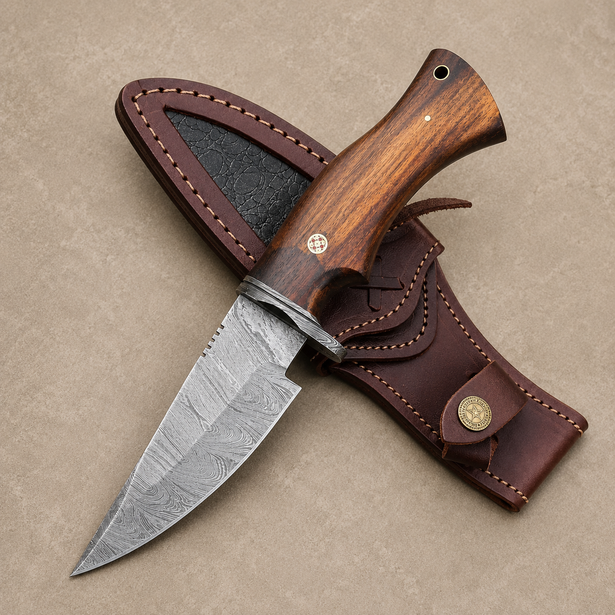 Frontier Legacy Damascus Steel Fixed Blade Knife – 512 Layer Hand Forged Blade with Wood Handle & Leather Sheath