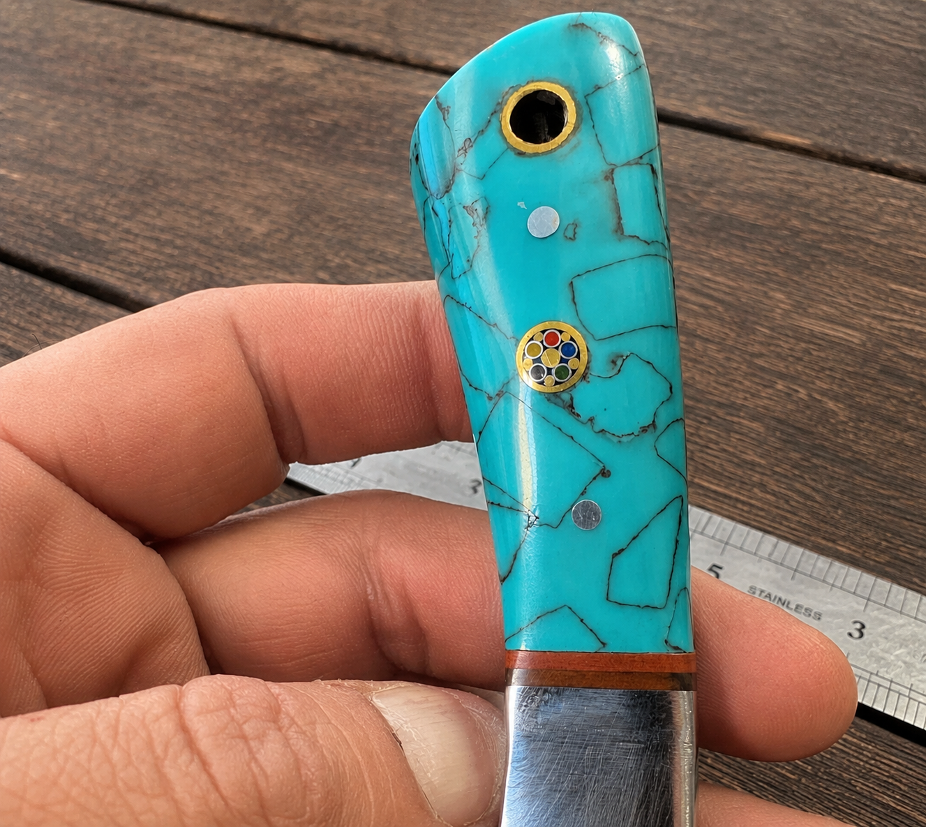 Handmade D2 Steel Fixed Blade Knife with Resin Handle & Leather Sheath – Mirror Polished Finish
