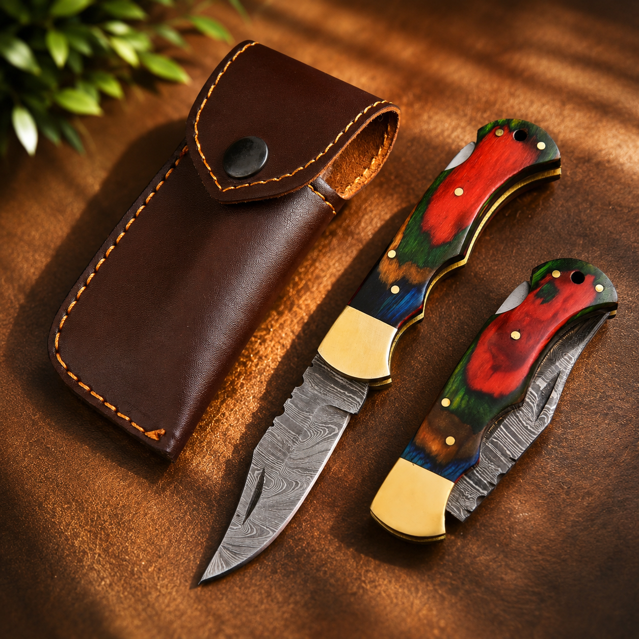 Handcrafted Damascus Steel Folding Utility Knife – Premium Outdoor Tool with Wood & Brass Handle