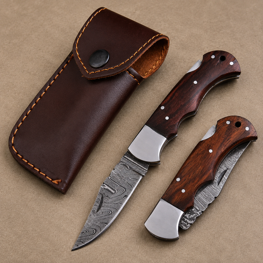 Artisan Damascus Folding Knife – Mocha Brown Rose Wood Handle