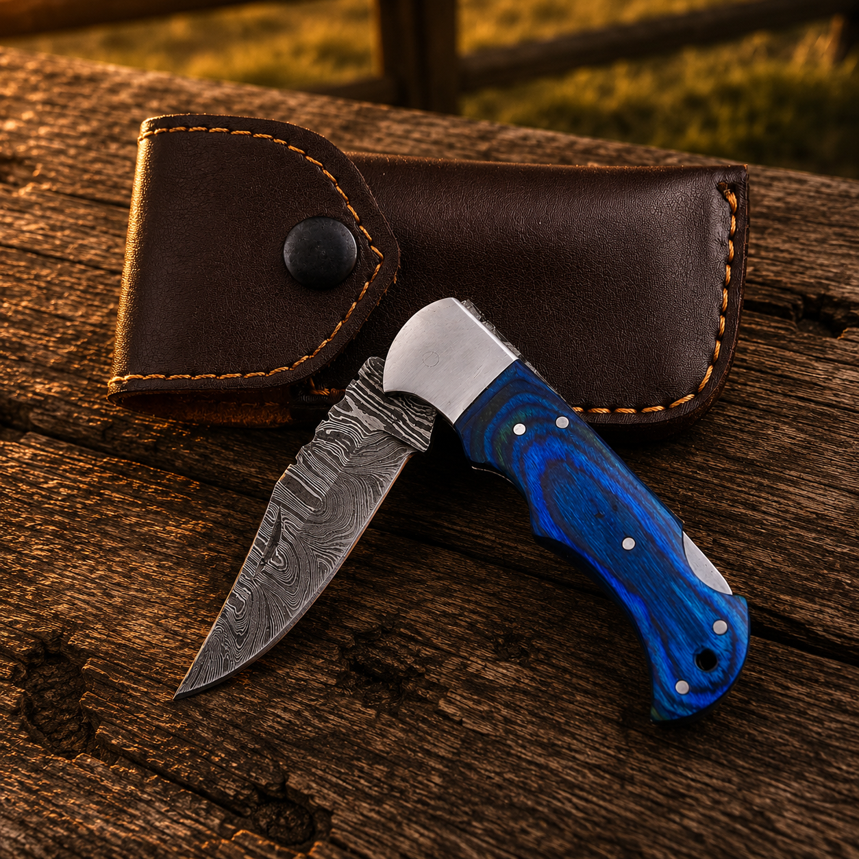 Artisan Folding Damascus Steel Pocket Knife – Blue Pukka Wood Handle | Steel Bolster | Classic Back Lock