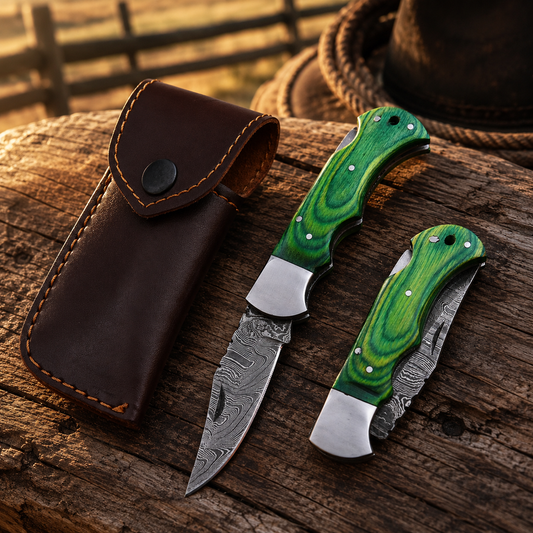 Artisan Folding Damascus Steel Knife – Premium Wood Handle | Steel Bolster |Green Handle| Classic Lock back