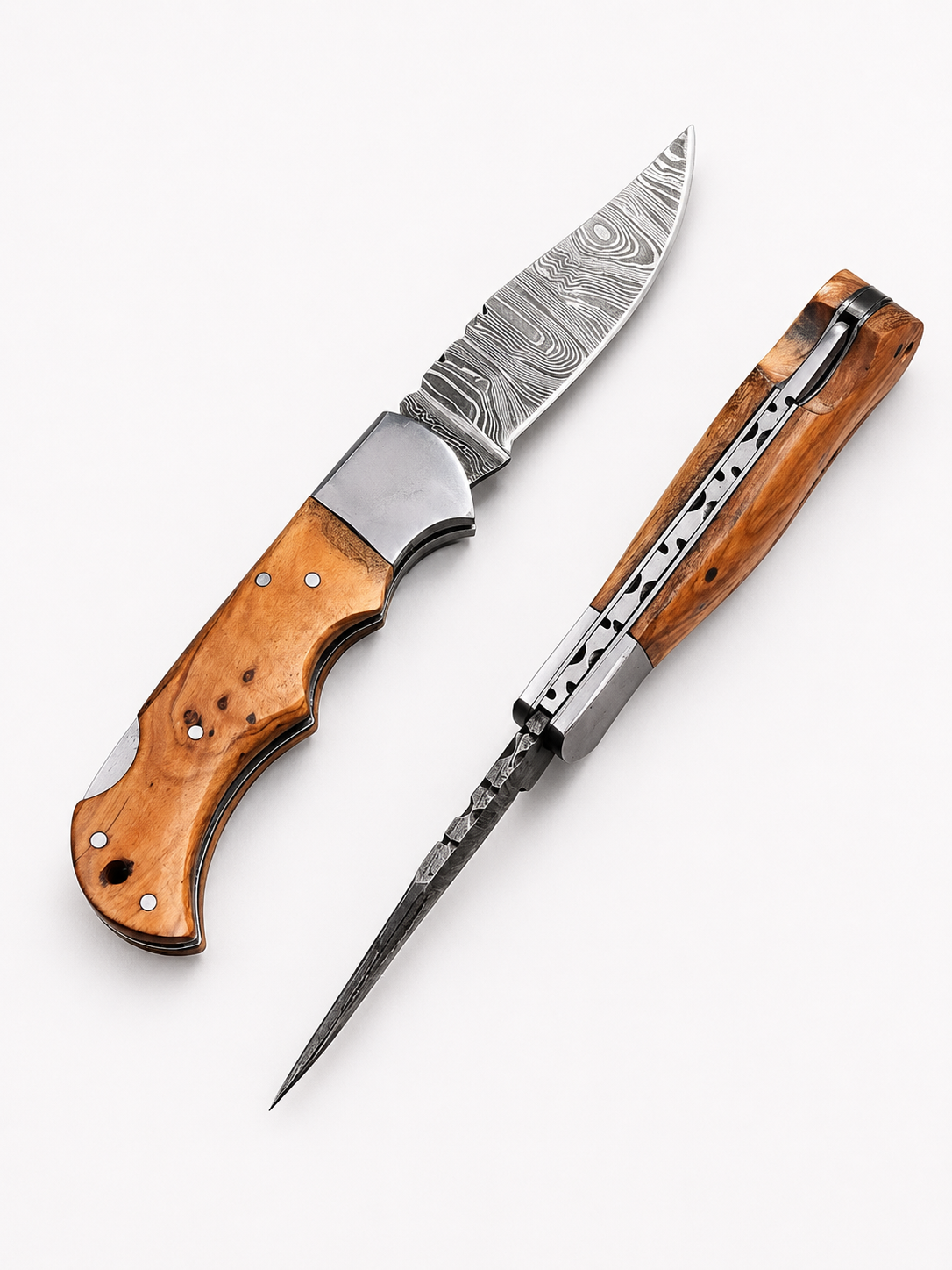 Hand Forged Folding Damascus Steel Pocket Knife – Premium Wood Handle | Steel Bolster | Back Lock Design