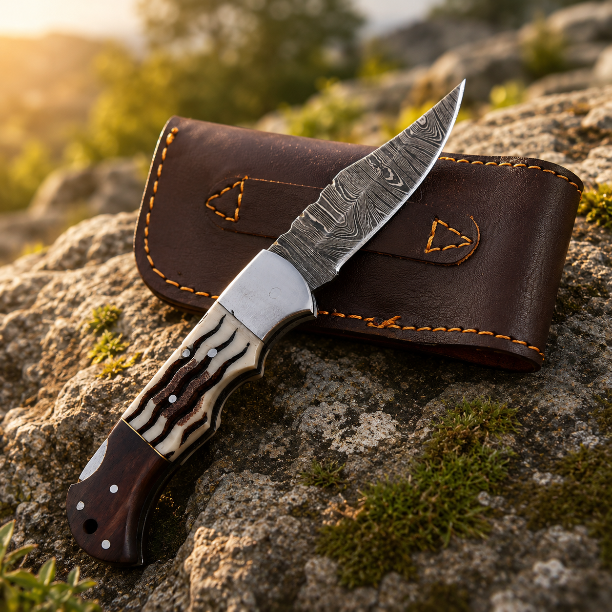 Personalized Damascus Folding Knife – Rosewood & Horn Handle Pocket Knife with Custom Engraving & Leather Sheath