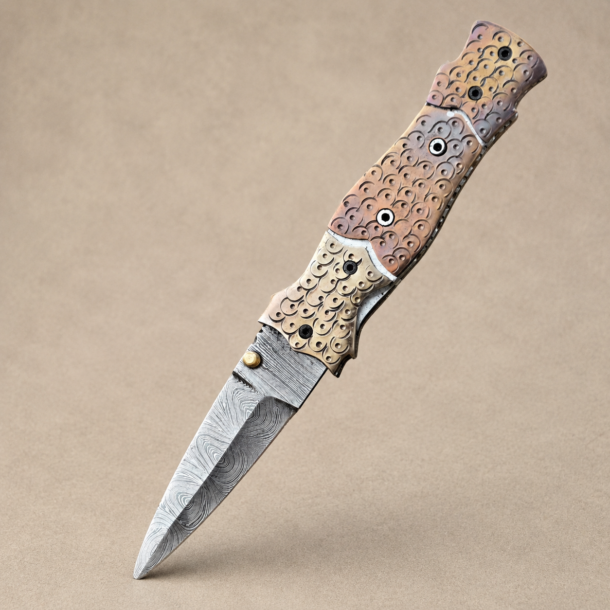 Hand Forged Damascus Steel Folding Pocket Knife with Engraved Steel Bolster