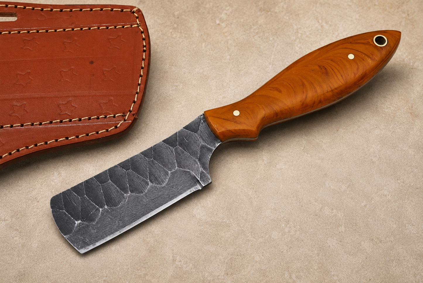 Hand Forged Damascus Steel Fixed Blade Tool with Risen Handle – Handmade Collector Piece with Leather Sheath