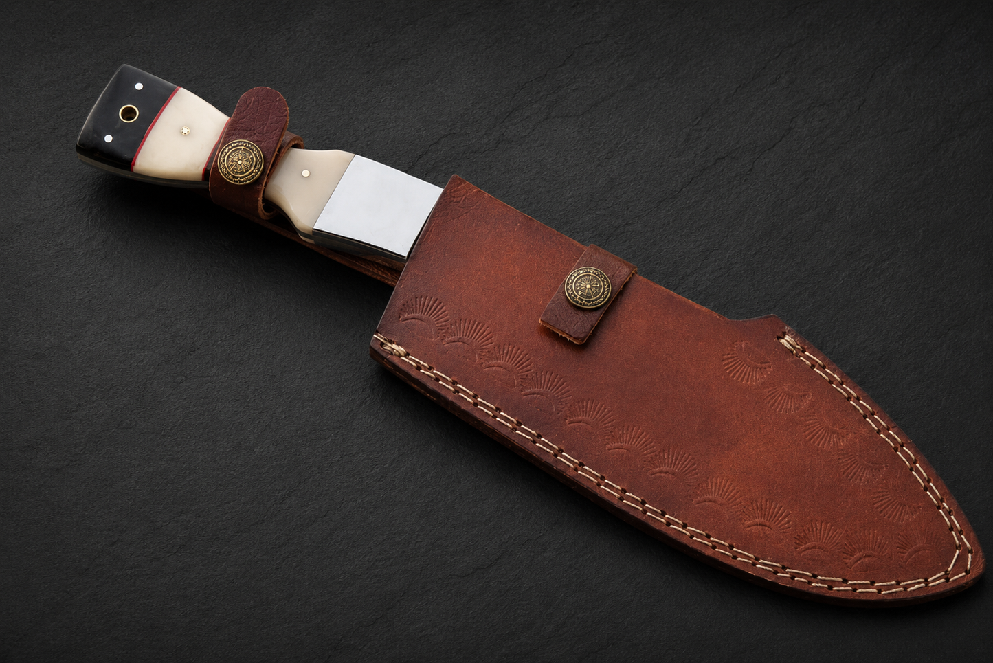 Heritage Curve Damascus Steel Utility Knife – 12” Hand Forged 512 Layer Blade with Bull Horn & Bone Handle, Leather Sheath