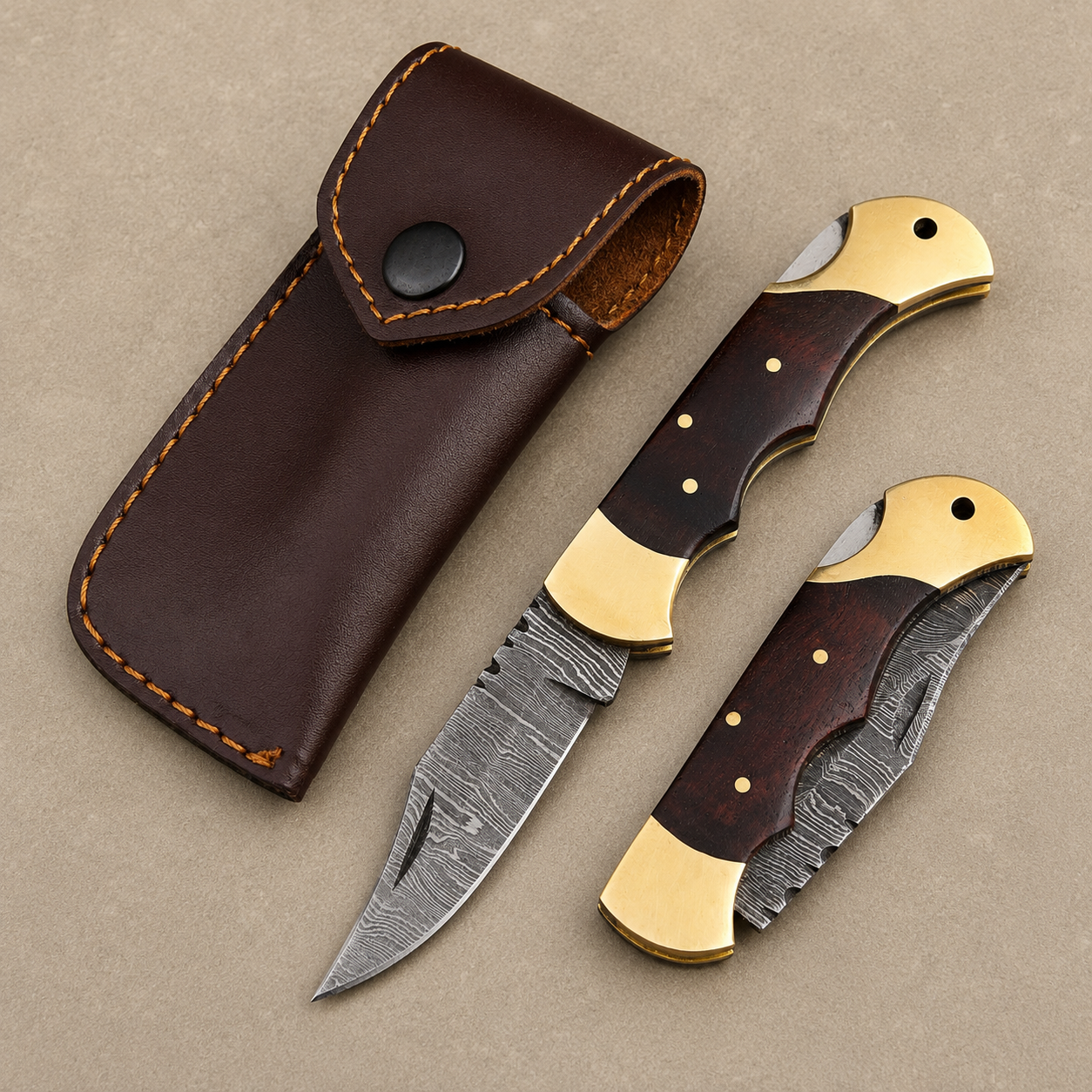 Midnight Timber Damascus Folding Knife – Ladder Pattern Steel with Rosewood Handle, Brass Bolster & Leather Sheath