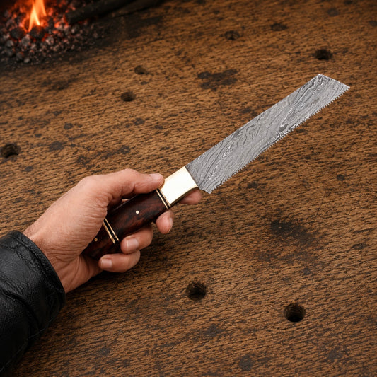 12" Hand Forged Damascus Steel Bread Knife with Wood & Brass Handle – 512 Layers Professional Kitchen Knife