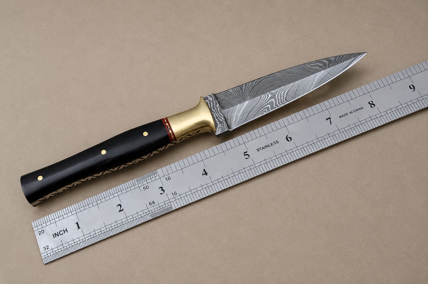 Midnight Horn Damascus Steel Knife – 512 Layer Hand Forged Blade with Bull Horn Handle & Leather Sheath