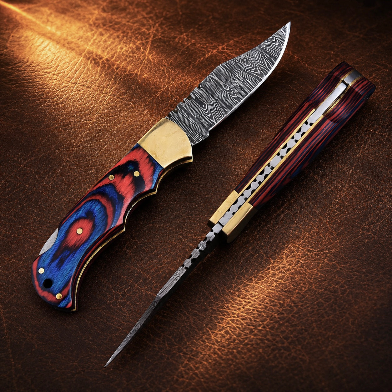 Heritage Damascus Folding Knife – Hand Forged Steel with Pukka Wood Handle, Brass Bolster & Leather Sheath