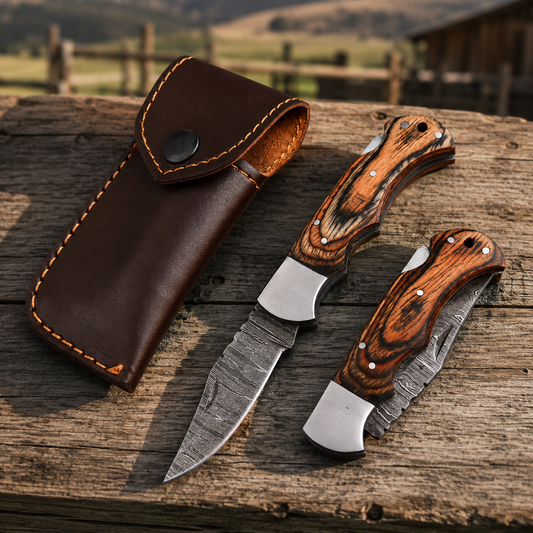 Artisan Folding Damascus Steel Pocket Knife – Brown Pukka Wood Handle | Steel Bolster | Classic Back Lock