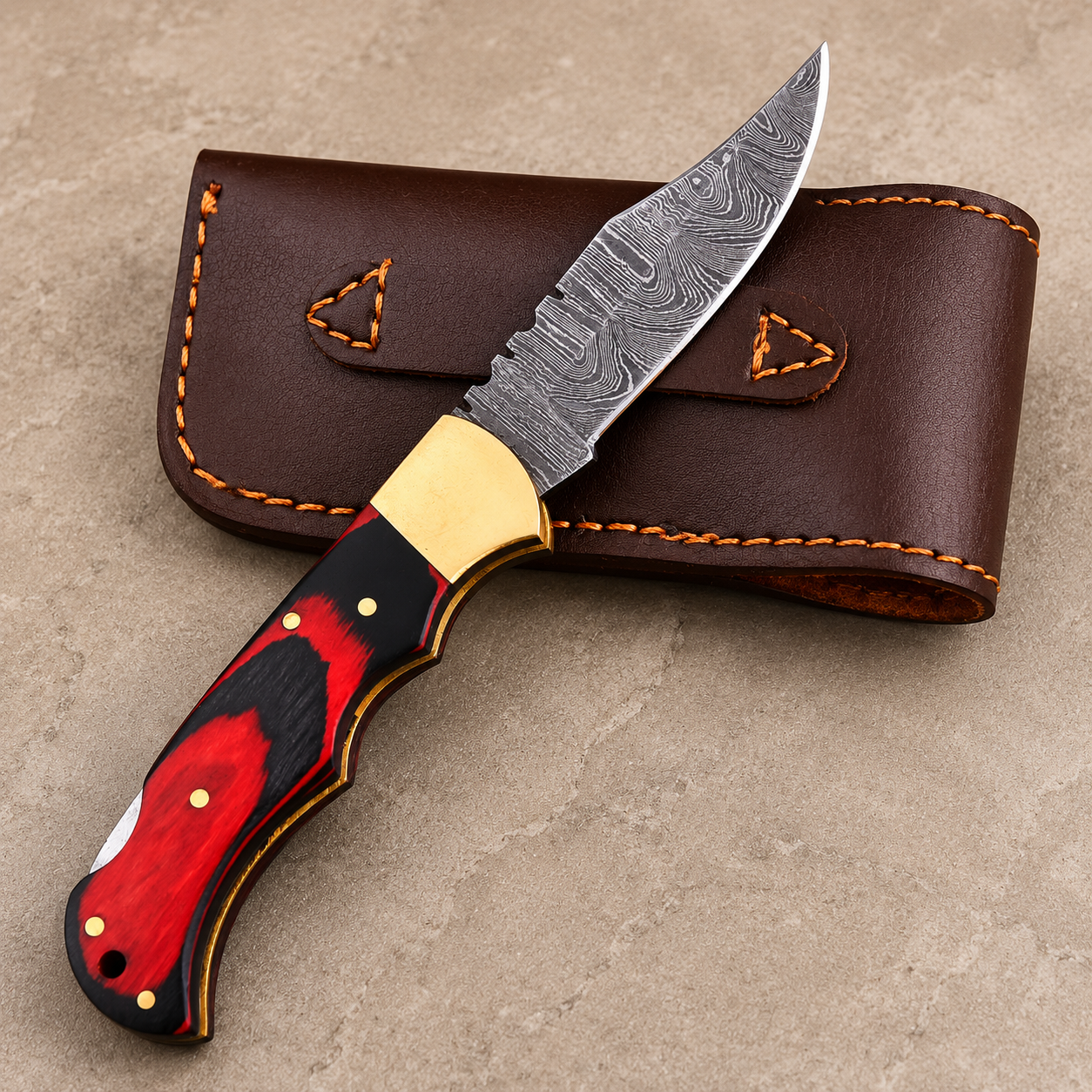 Artisan Folding Knife – Red Pakka Wood Handle, Brass Bolsters, Back Lock & Leather Sheath