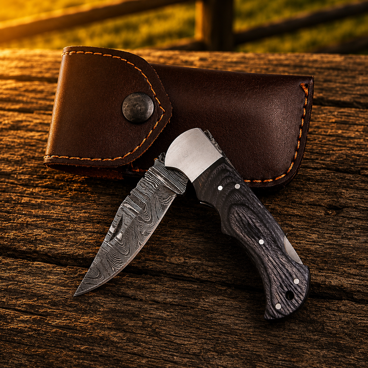 Artisan Folding Damascus Steel Pocket Knife – Black Pukka Wood Handle | Steel Bolster | Classic Back Lock