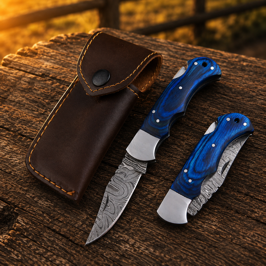 Artisan Folding Damascus Steel Pocket Knife – Blue Pukka Wood Handle | Steel Bolster | Classic Back Lock