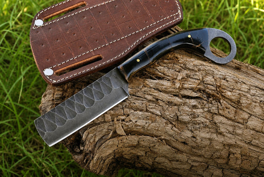 Hand Forged Railroad Steel Fixed Blade Tool with Risen Handle – Compact Utility Tool with Leather Sheath