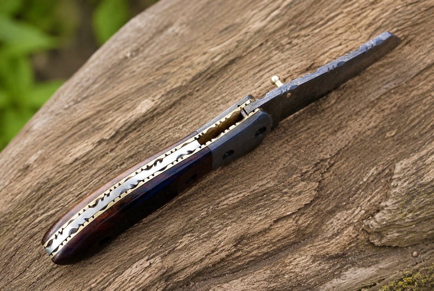 Custom Handmade 512-Layer Damascus Steel Folding Pocket Knife with Olive Wood & Damascus Bolster Handle – Leather Sheath