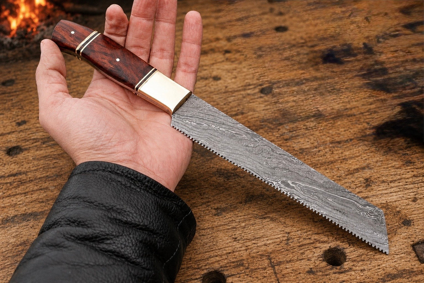 12" Hand Forged Damascus Steel Bread Knife with Wood & Brass Handle – 512 Layers Professional Kitchen Knife