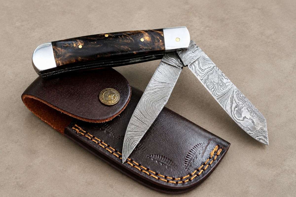 Custom Handmade Damascus Steel Outdoor Folding Pocket Knife – 512 Layers Pocket Knife with Leather Sheath