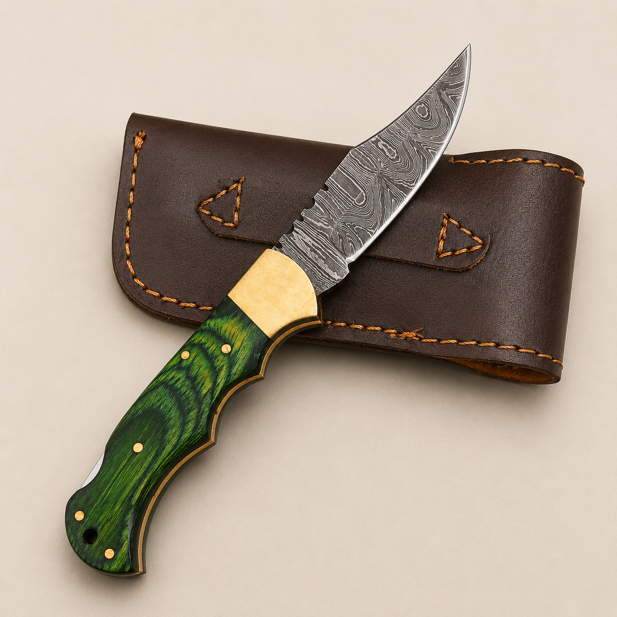 Artisan Folding Knife – Premium Green Pakka Wood Handle & Leather Sheath