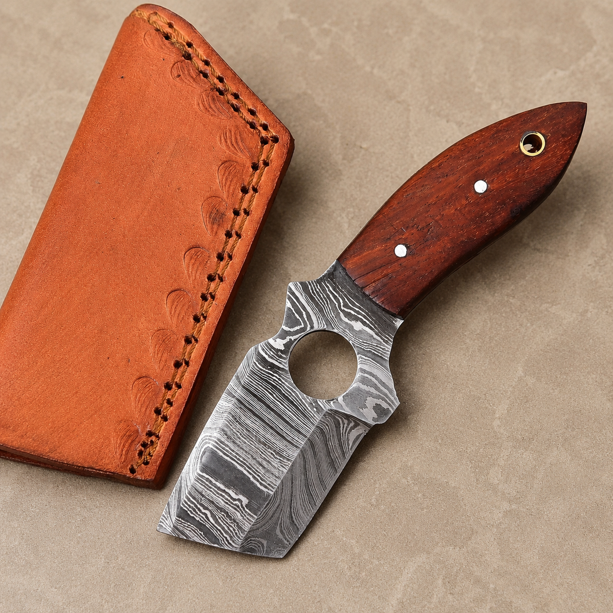 Custom Handmade Damascus Steel Fixed Blade Utility Tool with Wood Handle – 512 Layers Compact Collectible with Leather Sheath