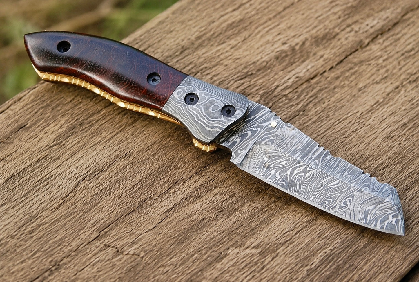 Custom Handmade 512-Layer Damascus Steel Folding Pocket Knife with Olive Wood & Damascus Bolster Handle – Leather Sheath