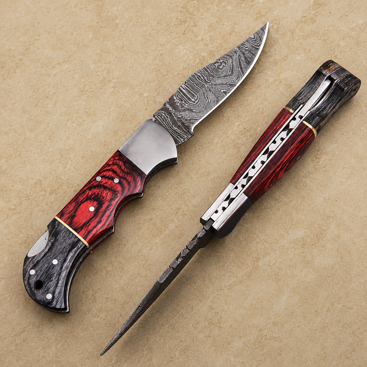 Crimson Edge Damascus Steel Folding Knife – Red & Black Pukka Wood Handle, Steel Bolster & Classic Back Lock Custom Engraving Available