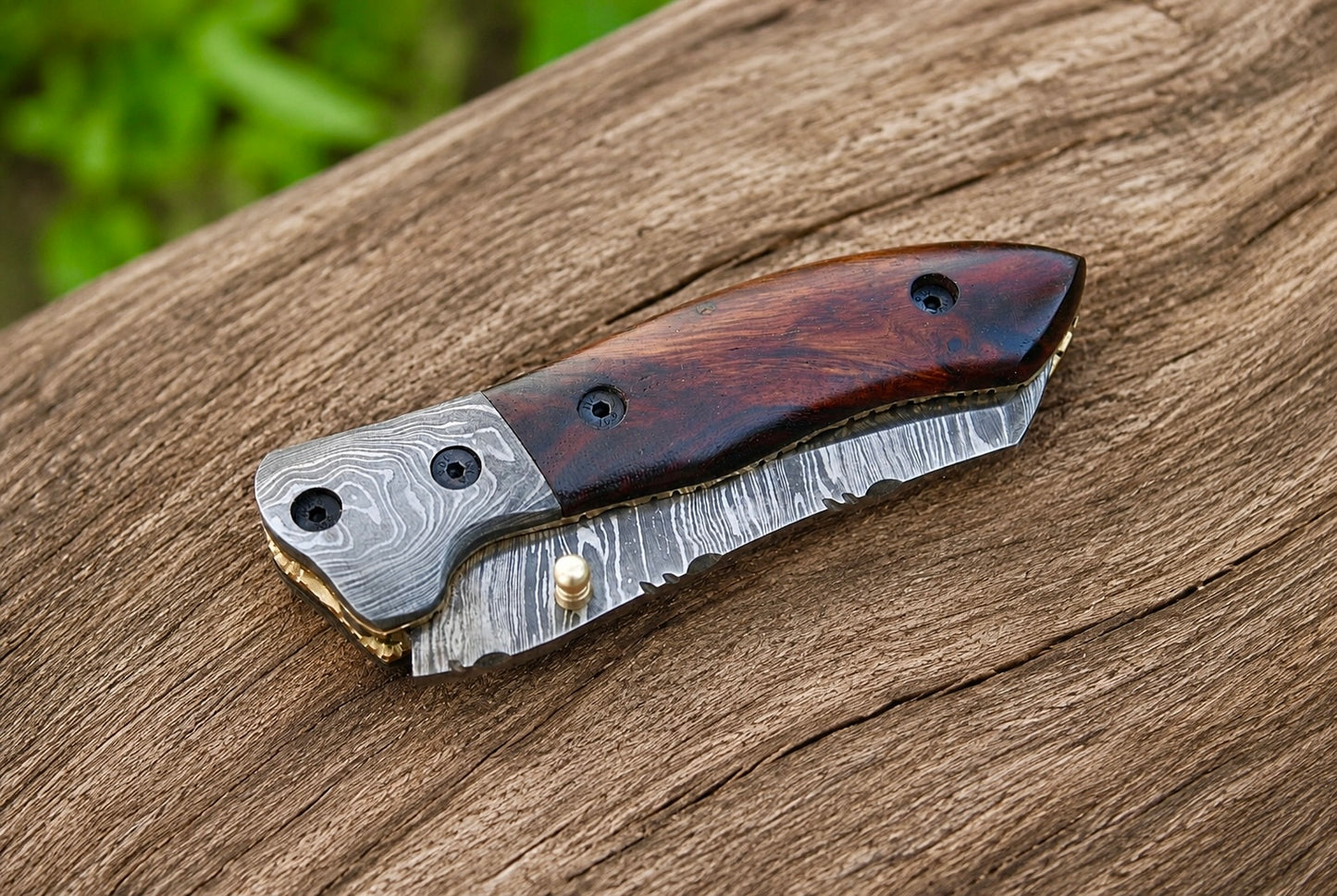 Custom Handmade 512-Layer Damascus Steel Folding Pocket Knife with Olive Wood & Damascus Bolster Handle – Leather Sheath
