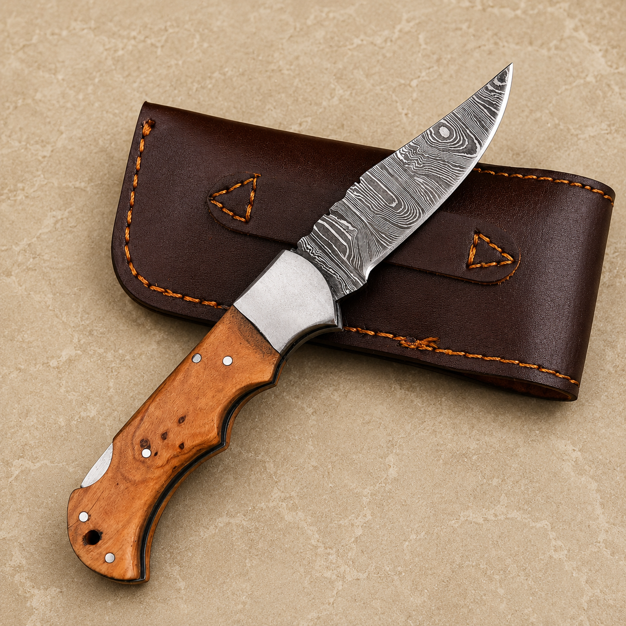 Hand Forged Folding Damascus Steel Pocket Knife – Premium Wood Handle | Steel Bolster | Back Lock Design