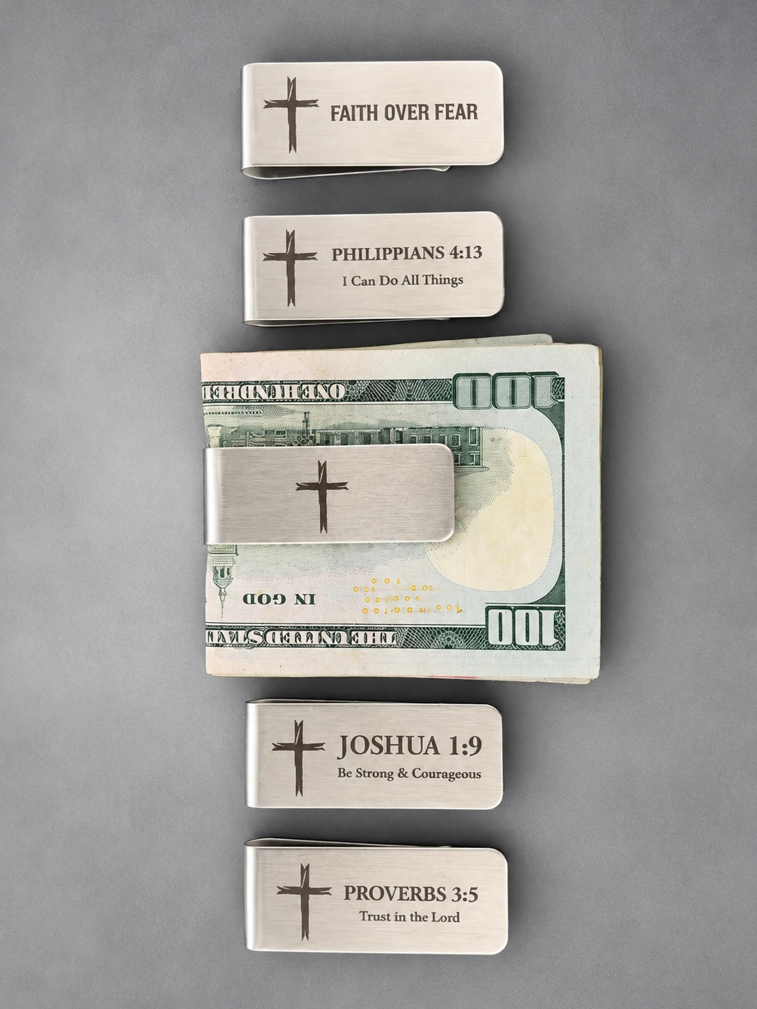 5-Pack Stainless Steel Christian Money Clips – Cross Designs & Bible Verses