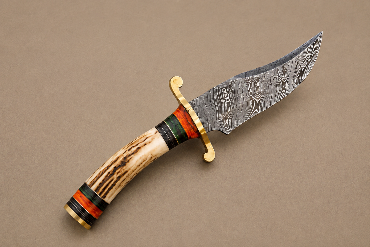 Heritage Damascus Steel Knife – Hand Forged 512-Layer Blade with Stag Handle With Brass Guard