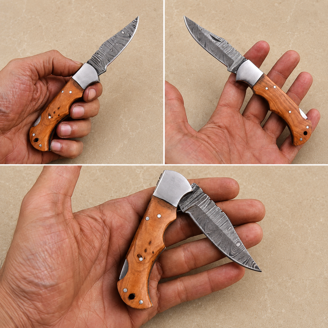 Hand Forged Folding Damascus Steel Pocket Knife – Premium Wood Handle | Steel Bolster | Back Lock Design