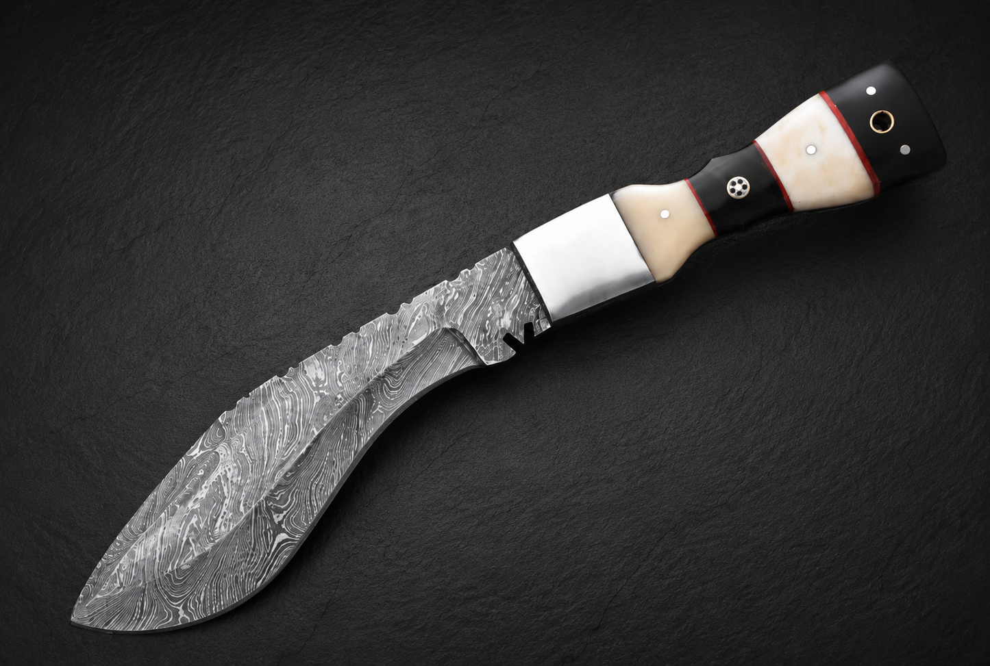 Heritage Curve Damascus Steel Utility Knife – 12” Hand Forged 512 Layer Blade with Bull Horn & Bone Handle, Leather Sheath