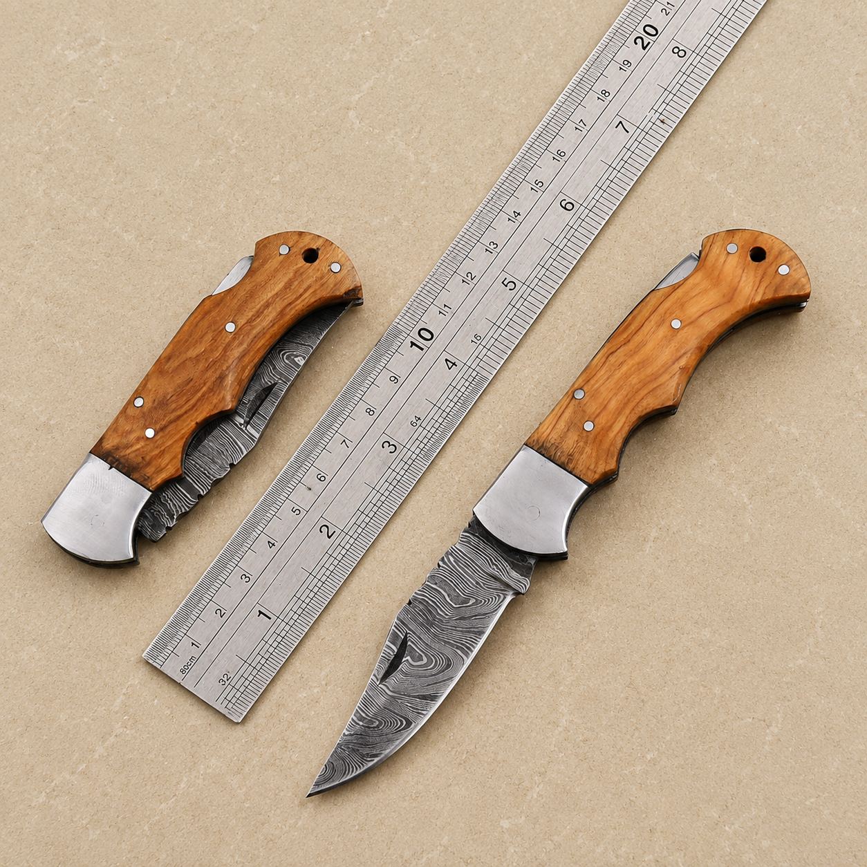 Hand Forged Folding Damascus Steel Pocket Knife – Premium Wood Handle | Steel Bolster | Back Lock Design
