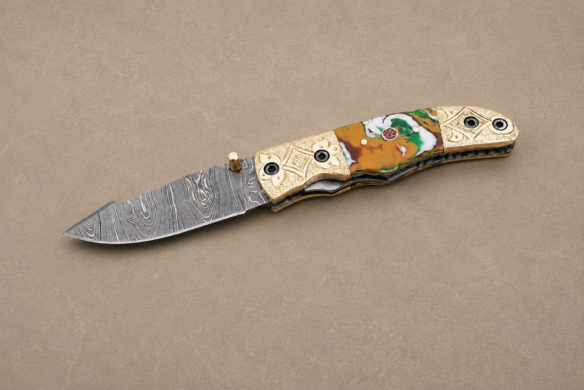 Hand Forged Damascus Steel Folding Pocket Knife – 512 Layers with Wood & Steel Bolster Handle and Leather Sheath