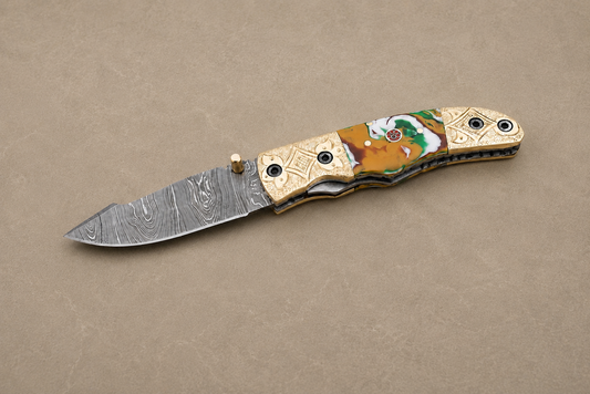 Hand Forged Damascus Steel Folding Pocket Knife – 512 Layers with Wood & Steel Bolster Handle and Leather Sheath