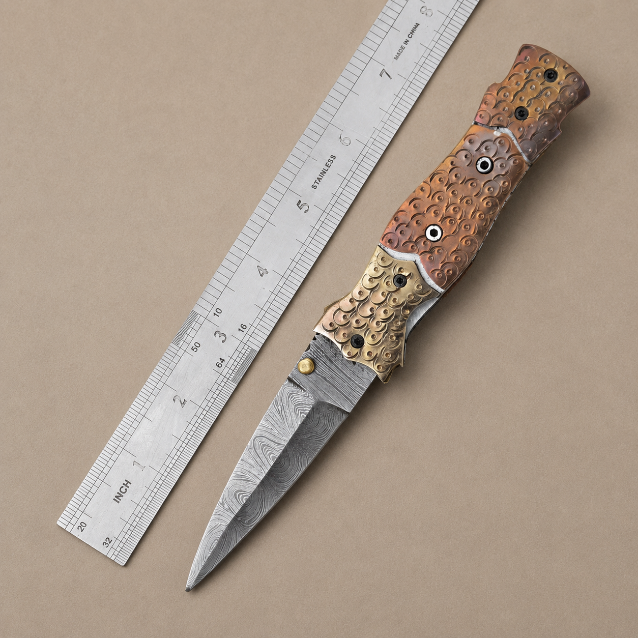 Hand Forged Damascus Steel Folding Pocket Knife with Engraved Steel Bolster